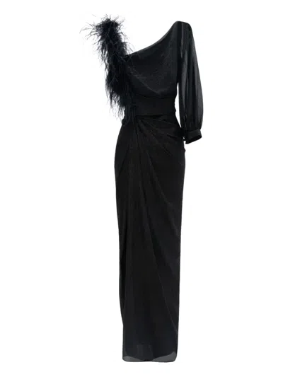 Gemy Maalouf Asymmetrical-feather Maxi Dress In Black