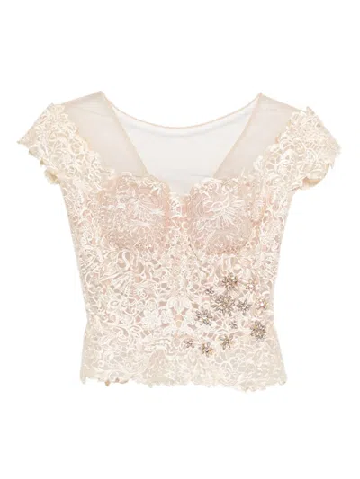 Gemy Maalouf Bead-embellished Lace Top In Pink