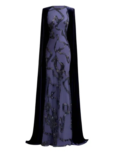 Gemy Maalouf Beaded Cape Dress In Purple