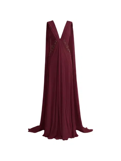 Gemy Maalouf Beaded Cape-sleeve Dress In Red