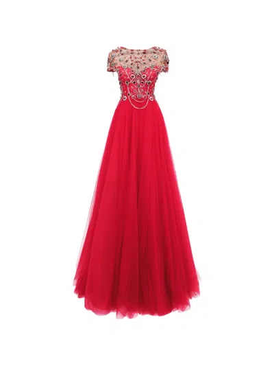 Gemy Maalouf Beaded Corset Maxi Dress In Red