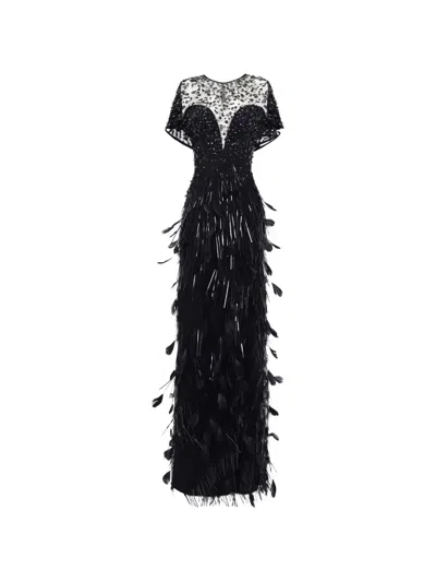 Gemy Maalouf Beaded Feather Corset Dress In Black
