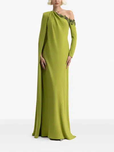 Gemy Maalouf Beaded One-shoulder Maxi Dress In Green