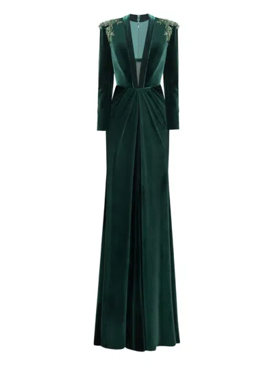 Gemy Maalouf Beaded-shoulders Velvet Dress In Multi