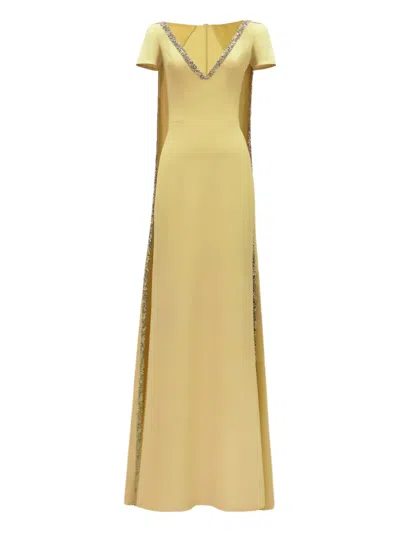 Gemy Maalouf Beaded V-neck Cape Dress In Yellow