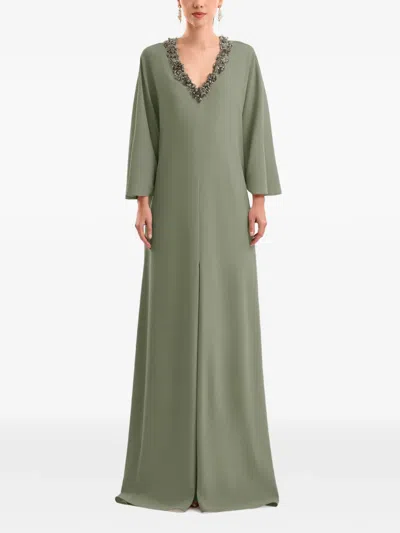 Gemy Maalouf Beaded V-neck Maxi Dress In Green