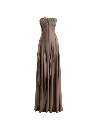 Gemy Maalouf Bead-embellished Strapless Maxi Dress In Brown