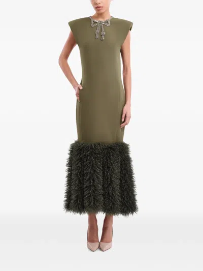 Gemy Maalouf Bow-detail Faux-fur Hem Dress In Green