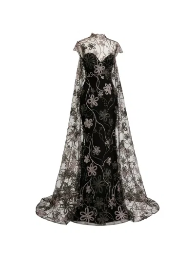 Gemy Maalouf Cape-back Floral-embroidered Dress In Black