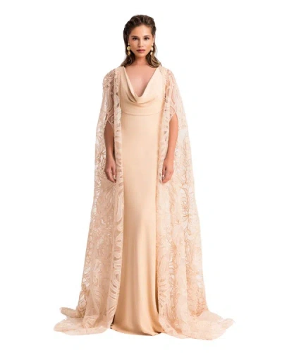 Gemy Maalouf Cowl Neckline Dress With Cape - Long Dresses In Neutrals