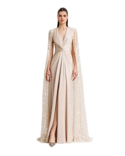 Gemy Maalouf Draped Dress With Beaded Cape - Long Dresses In Neutrals