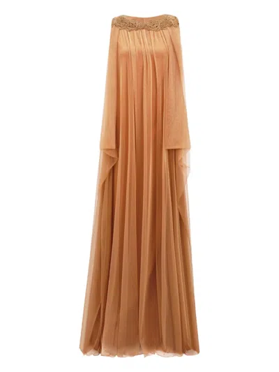 Gemy Maalouf Draped Embellished Gown In Brown