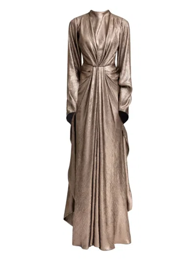 Gemy Maalouf Draped Long-sleeve Maxi Dress In Brown
