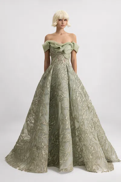 Gemy Maalouf Draped Organza Neckline Gown In Multi