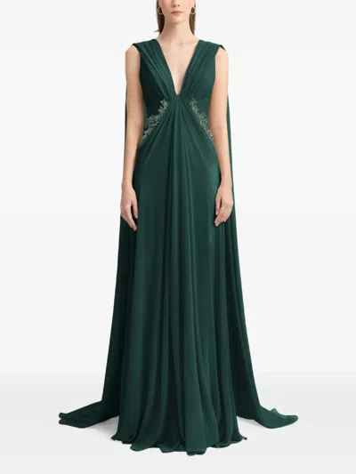 Gemy Maalouf Draped V-neck Beaded Maxi Dress In Green