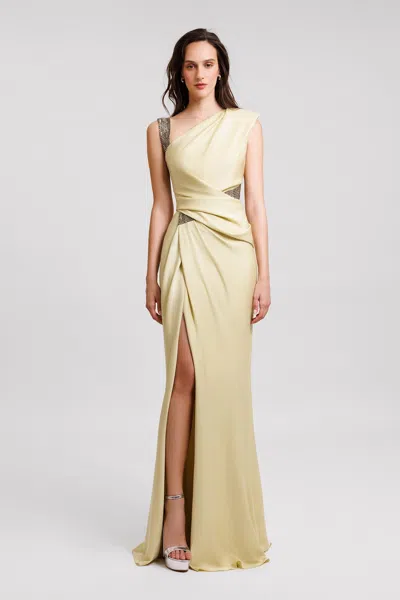 Gemy Maalouf Embellished Asymmetrical Neckline Gown In Neutrals