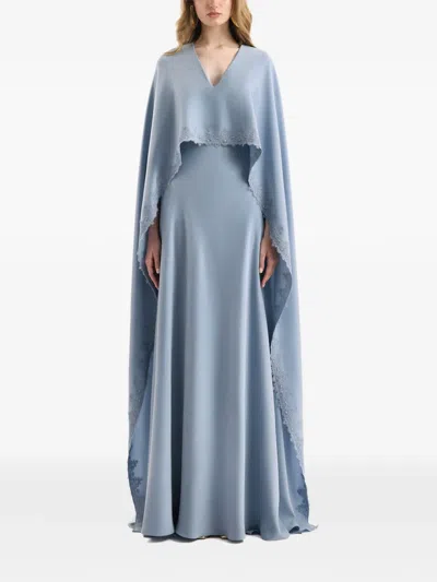 Gemy Maalouf Embroidered Cape V-neck Maxi Dress In Blue