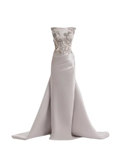 Gemy Maalouf Embroidered Draped Maxi Dress In Gray
