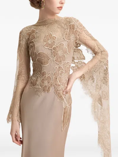 Gemy Maalouf Embroidered Lace Gown In Brown