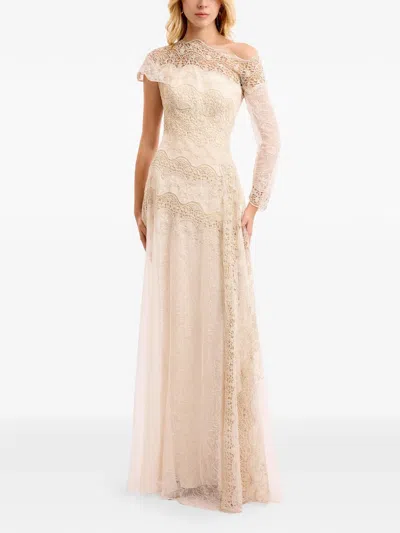 Gemy Maalouf Embroidered Lace Gown In Neutral