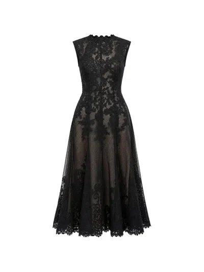 Gemy Maalouf Embroidered Lace-overlay Midi Dress In Black