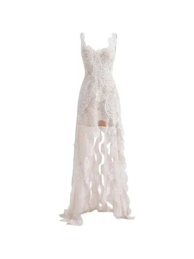 Gemy Maalouf Embroidered Ruffled Dress In White