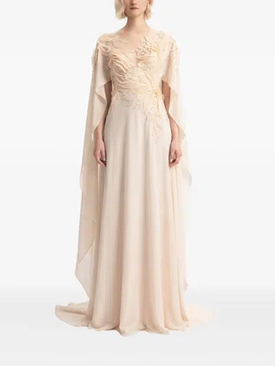 Gemy Maalouf Embroidered Ruffled-sleeve Dress In Neutral