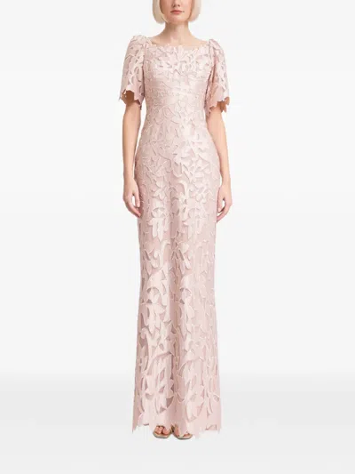 Gemy Maalouf Embroidered Satin Long Dress In Pink