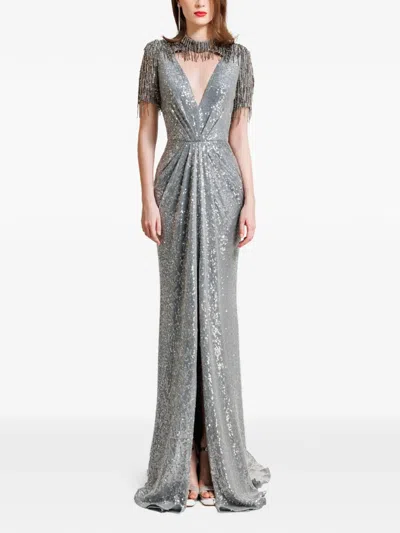 Gemy Maalouf Embroidered Sequins Maxi Dress In Silver