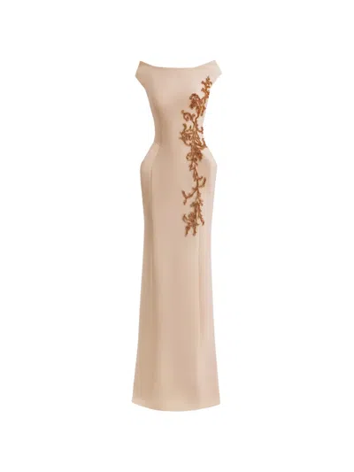 Gemy Maalouf Embroidered Slim-cut Maxi Dress In Brown