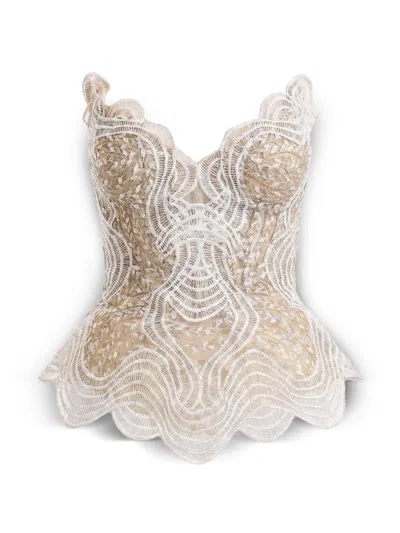 Gemy Maalouf Embroidered Strapless Corset In White