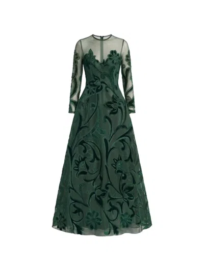 Gemy Maalouf Embroidered Velvet-appliqué Dress In Green