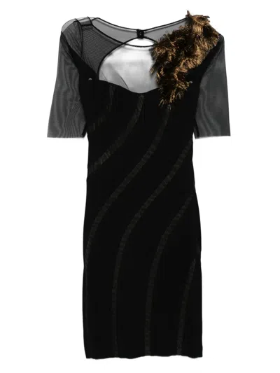 Gemy Maalouf Feather-embellished Sheer-panelled Dress In Black