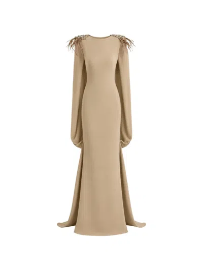 Gemy Maalouf Feather-beaded Cape Dress In Neutral