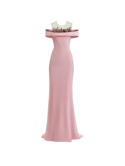 Gemy Maalouf Floral-beaded Off-shoulder Maxi Dress In Pink