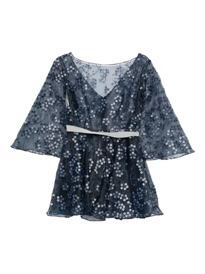 Gemy Maalouf Floral-embroidered Bell-sleeve Top In Blue