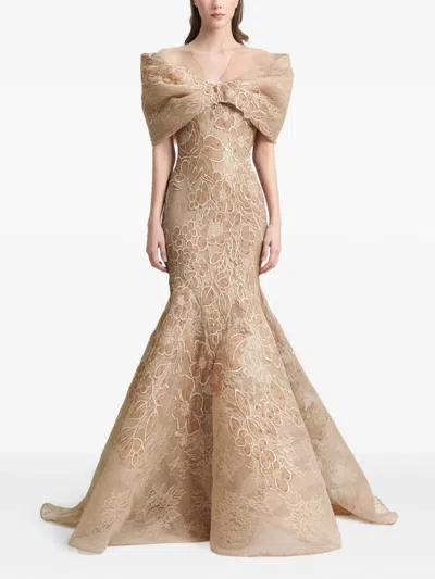 Gemy Maalouf Floral-embroidered Gown In Neutral