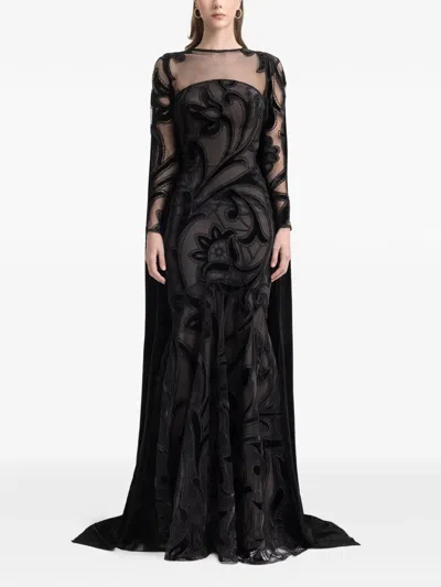 Gemy Maalouf Floral-embroidery Cape Dress In Black