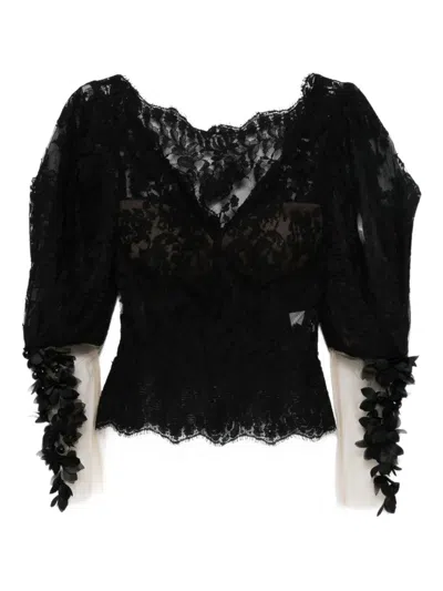 Gemy Maalouf Floral-lace Puff-sleeve Top In Black
