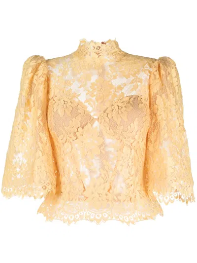 Gemy Maalouf Floral-lace Puff-sleeve Top In Yellow