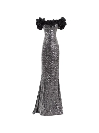 Gemy Maalouf Floral Off-shoulder Maxi Dress In Gray