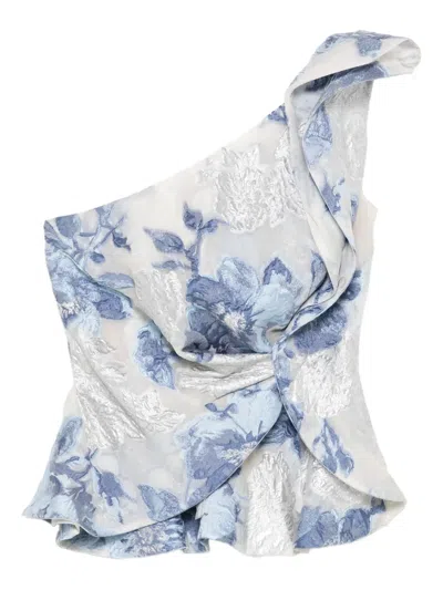Gemy Maalouf Floral-print One-shoulder Top In Blue