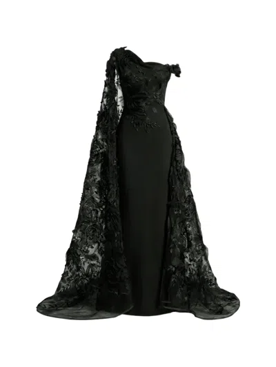 Gemy Maalouf Floral-appliqué Asymmetrical Dress In Black