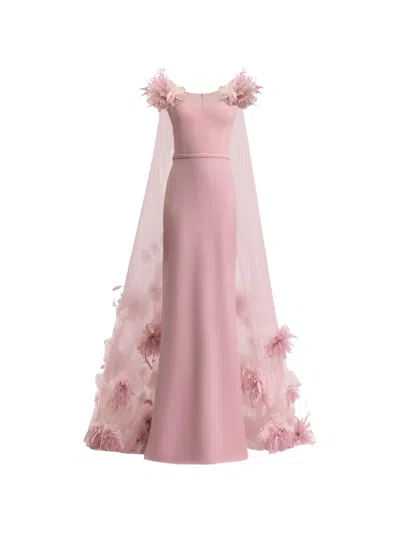 Gemy Maalouf Floral-applique Cape-detail Dress In Pink