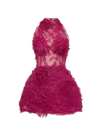 Gemy Maalouf Floral-appliqué Halterneck Dress In Pink