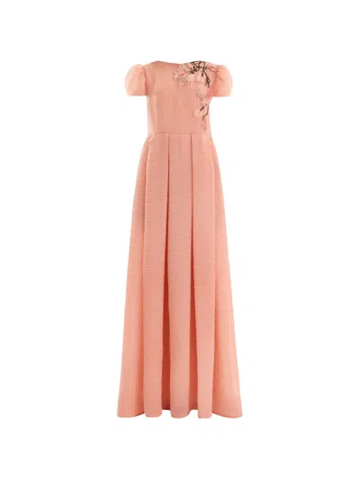 Gemy Maalouf Floral-appliqué Pleated Maxi Dress In Pink