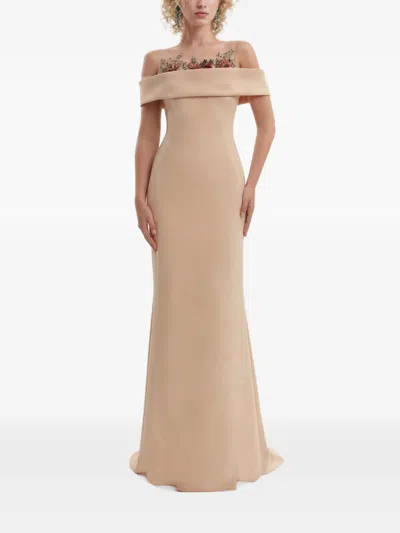 Gemy Maalouf Floral-beaded Off-shoulder Dress In Brown