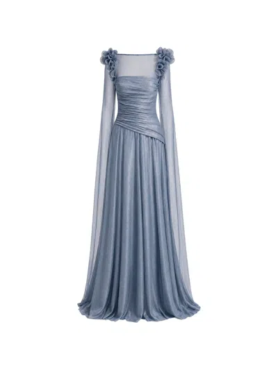 Gemy Maalouf Floral-embellished Ruched Dress In Blue