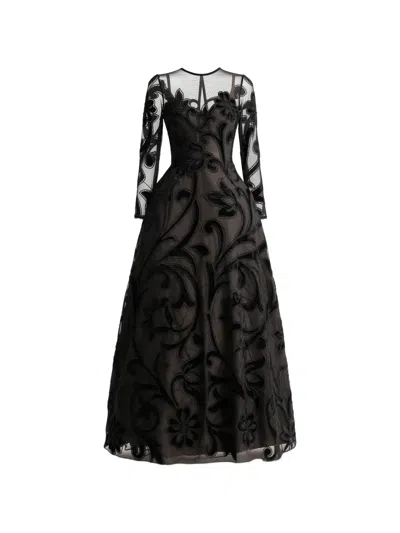 Gemy Maalouf Floral-embroidered Mesh Gown In Black