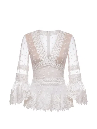 Gemy Maalouf Floral-embroidered Tulle Blouse In White